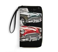 HKMNTGD Portefeuilles pour femme en cuir imprimé schnauzer noir avec fermeture éclair autour du porte-cartes de crédit, Voiture classique Roadsters à l'ancienne, 19.7x10.5cm