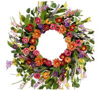 HKNLMM Couronne de Fleurs Sauvages Bohème Couleurée de 22 Pouces pour Porte d'Entrée, Marguerites & Lavande Eucalyptus Baies, Couronne Florale Artificielle Pastorale