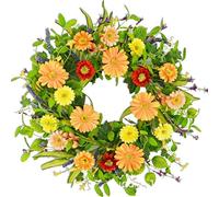 HKNLMM Couronnes de Gérberas Couleurées de 22 Pouces pour Porte d'Entrée, Eucalyptus et Baies Blanches, Couronne de Ferme Bohème pour Printemps et Été, Décoration Rustique