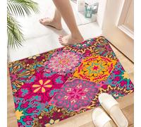 HKPOEQ Tapis Microfibre Extra Doux,Tapis Salle de Bain Antidérapant et Lavable en Machine,Tapis de Douche Absorbant l'eau,Marocain, Motifs artistiques vibrants de Mandalas dans des carrés ori,40x60cm