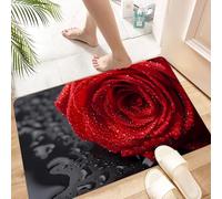 HKPOEQ Tapis Microfibre Extra Doux,Tapis Salle de Bain Antidérapant et Lavable en Machine,Tapis de Douche Absorbant l'eau,Belle Rose Rouge avec des gouttelettes d'eau sur Fond Noir,60x90cm