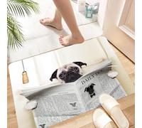 HKPOEQ Tapis Microfibre Extra Doux,Tapis Salle de Bain Antidérapant et Lavable en Machine,Tapis de Douche Absorbant l'eau,Carlin, Chiot lisant Le Journal sur Les Toilettes - Image Amusante de,60x90cm