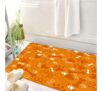 HKPOEQ Tapis Salle de Bain Antidérapant,Moelleux en Microfibre,Absorbant l'eau,Lavable en Machine,pour Douche,avec Empreinte de Patte de Chien, os et cœurs. Fond Orange.,50x80 cm