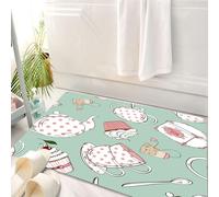 HKPOEQ Tapis Salle de Bain Antidérapant,Moelleux en Microfibre,Absorbant l'eau,Lavable en Machine,pour Douche,Thème du thé, théière, Tasse et Bonbons avec de Jolis Dessins décoratifs Ronds,50x80 cm