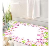 HKPOEQ Tapis Salle de Bain Antidérapant,Moelleux en Microfibre,Absorbant l'eau,Lavable en Machine,pour Douche,Cadre de Fleurs Roses, Feuilles Vertes, Bordure Florale de délicates Fleurs Rose,50x80 cm