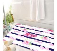 HKPOEQ Tapis Salle de Bain Antidérapant,Moelleux en Microfibre,Absorbant l'eau,Lavable en Machine,pour Douche,Roses Roses et Feuilles sur Fond rayé Noir,50x80 cm
