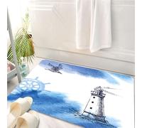 HKPOEQ Tapis Salle de Bain Antidérapant,Moelleux en Microfibre,Absorbant l'eau,Lavable en Machine,pour Douche,Illustration à l'aquarelle d'un Phare dans Une mer Bleue orageuse avec des Vague,50x80 cm