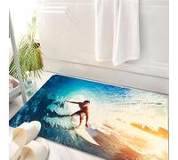 HKPOEQ Tapis Salle de Bain Antidérapant,Moelleux en Microfibre,Absorbant l'eau,Lavable en Machine,pour Douche,Vague, Vague Bleue barrée avec Un Jeune Surfeur Sports extrêmes Activité Amusant,50x80 cm