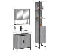 HKQWPBF Ensemble de 3 meubles de salle de bain gris Sonoma avec armoire miroir et meuble sous lavabo, beaucoup d'espace de rangement, montage mural, surface miroir en verre transparent pour maquillage