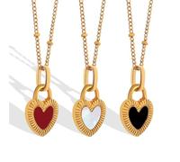 Hktarizona Collier à pendentif cœur double face au design géométrique, en acier titane plaqué or, for femme(Black and red double sided)