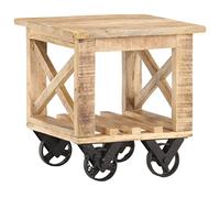 HKTMGDNG Table d'appoint avec roulettes - 40 x 40 x 42 cm - Vintage - En bois de manguier massif - Table basse mobile avec étagère - Petite table de chevet en bois pour salon