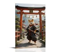 HKXXMTQMM Anthropomorphe Shiba Inu en vêtements de samouraï, tenant une longue épée sur le pont, vent soufflant l'écharpe Décoration murale contemporaine 40 x 60 cm