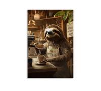 HKXXMTQMM Art Animals - Panneau mural contemporain à suspendre avec inscription « A Sloth Barista Serving Coffee in Slow Motion with A Patience Is Brewing » - 20 x 30 cm