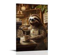 HKXXMTQMM Art Animals - Panneau mural contemporain à suspendre avec inscription « A Sloth Barista Serving Coffee in Slow Motion with A Patience Is Brewing » - 20 x 30 cm
