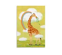 HKXXMTQMM Décoration murale contemporaine à suspendre avec une girafe mangeant des feuilles dans les nuages, cou enroulé autour d'un arc-en-ciel, avec des nuages roulants sous ses sabots - 50 x 75 cm
