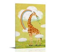 HKXXMTQMM Décoration murale contemporaine à suspendre avec une girafe mangeant des feuilles dans les nuages, cou enveloppé autour d'un arc-en-ciel, avec des nuages roulants sous ses sabots - 20 x 30