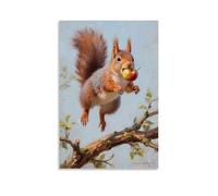 HKXXMTQMM Décoration murale contemporaine à suspendre Motif écureuil saute sur des branches, fruits cachés dans sa bouche 30 x 45 cm