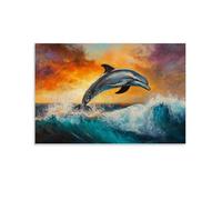 HKXXMTQMM Peinture à l'huile animale - Dauphin gracieux sautant à travers les vagues turquoise au coucher du soleil brillant art mural contemporain à suspendre - Design mural décoratif 60 x 90 cm