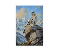 HKXXMTQMM Peinture à l'huile animale - Léopard des neiges perché sur une falaise rocheuse avec fond de paysage de montagne Décoration murale contemporaine à suspendre - Design mural décoratif 60 x 90