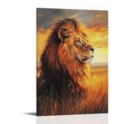 HKXXMTQMM Peinture à l'huile animale - Lion majestueux dans la savane dorée - Portrait royal du roi des bêtes - Décoration murale contemporaine - 50 x 75 cm