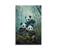 HKXXMTQMM Peinture à l'huile animale - Panda ludiques qui tombent parmi des bambous dans une forêt de montagne brumeuse - Décoration murale contemporaine à suspendre - Design mural décoratif 60 x 90