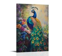 HKXXMTQMM Peinture à l'huile animale - Paon coloré affichant des plumes vives dans un jardin luxuriant - Décoration murale contemporaine à suspendre - 30 x 45 cm