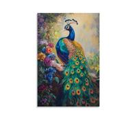 HKXXMTQMM Peinture à l'huile animale - Paon coloré affichant des plumes vives dans un jardin luxuriant - Décoration murale contemporaine à suspendre - 40 x 60 cm