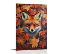 HKXXMTQMM Peinture à l'huile animale - Renard rouge curieux regardant à travers les feuilles d'automne, manteau ardent se mélangeant avec des couleurs d'automne Décoration murale contemporaine à