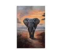 HKXXMTQMM Peinture à l'huile animale - Vieux éléphant sage marchant à travers un paysage africain brumeux à l'aube art mural contemporain à suspendre - Design mural décoratif 60 x 90 cm