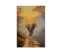 HKXXMTQMM Peinture à l'huile animale - Vieux éléphant sage marchant à travers un paysage africain brumeux à l'aube art mural contemporain à suspendre - Design mural décoratif 40 x 60 cm