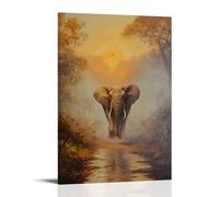 HKXXMTQMM Peinture à l'huile animale - Vieux éléphant sage marchant à travers un paysage africain brumeux à l'aube art mural contemporain à suspendre - Design mural décoratif 50 x 75 cm