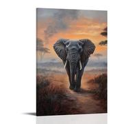 HKXXMTQMM Peinture à l'huile animale - Vieux éléphant sage marchant à travers un paysage africain brumeux à l'aube art mural contemporain à suspendre - Design mural décoratif 60 x 90 cm