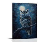 HKXXMTQMM Peinture à l'huile animalière - Vieux hibou sage perché sur une branche éclairée par la lune avec des plumes phosphorescentes - Décoration murale contemporaine à suspendre - 40 x 60 cm