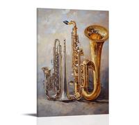 HKXXMTQMM Peinture à l'huile d'instruments de musique - Instruments à vent élégants en laiton et bois baignés dans la lumière dorée - Décoration murale contemporaine à suspendre - 20 x 30 cm