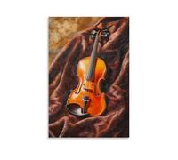 HKXXMTQMM Peinture à l'huile d'instruments de musique - Un violon vibrant reposant sur du velours, baigné dans une lumière dorée avec des textures riches - Décoration murale contemporaine à suspendre