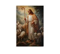 HKXXMTQMM Peinture murale chrétienne - Le bon berger - Jésus et son troupeau - Décoration murale contemporaine - 30 x 45 cm