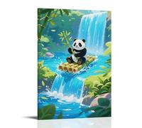 HKXXMTQMM Poster animalier, panda assis sur un radeau de bambou dérivant vers une cascade, tenant du bambou, éclaboussures d'eau - Décoration murale contemporaine - 40 x 60 cm