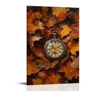 HKXXMTQMM Une montre de poche antique à moitié enterrée dans des feuilles d'automne, passage du temps rendu dans des huiles riches en couches. Décoration murale contemporaine à suspendre 20 x 30 cm