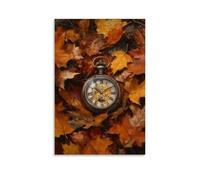 HKXXMTQMM Une montre de poche antique à moitié enterrée dans des feuilles d'automne, passage du temps rendu dans des huiles riches en couches. Décoration murale contemporaine à suspendre 20 x 30 cm