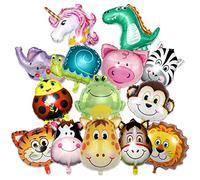 Hkyiowdp Lot de 14 ballons en aluminium - Motif animaux, jungle, fête à thème jungle, ballons à l'hélium, grenouilles, escargots, girafes, zèbres, éléphants, singes, tigres, lions