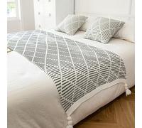 HLASMSPE Chemin de lit tricoté avec pompons - Couverture douce - Tendance - Protection de la literie - Pour mariage, hôtel, chambre à coucher - Gris - 70 x 230 cm