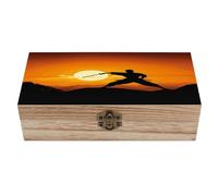 HLBSDM Coffre de rangement décoratif en bois Boîte de rangement en bois avec couvercle Silhouette de karaté soleil rétro pour photos souvenirs