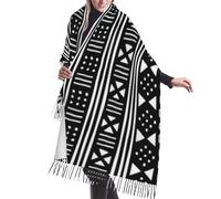 HLBSDM Écharpe à franges en cachemire inspirée du tissu africain noir sur blanc. Les foulards en soie d'automne et d'hiver sont super chauds et doux - Accessoire de mode
