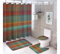 HLBSDM Ensemble de 4 Rideaux de Douche à Carreaux Madras Rouges, Verts et Oranges, avec 12 Crochets, Tapis antidérapants et abattant de Toilettes, pour Salle de Bain, Accessoires de décoration