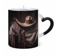 HLBSDM Mug thermosensible en céramique, motif selle de cheval et chapeau de cowboy, idéal pour le thé, le chocolat chaud ou le lait. Un cadeau original pour un anniversaire ou la Saint-Valentin.
