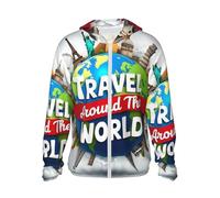 HLBSDM Sweat à Capuche zippé à Manches Longues pour Homme, imprimé « Voyage Autour du Monde », Protection Solaire, idéal pour la pêche et la randonnée.