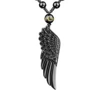 HLbshi Collier amulette avec pendentif en forme d'aile d'ange en cristal naturel argenté et or noir avec chaîne de perles réglable pour homme et femme, 61x22x17mm, Cristal, Obsidienne