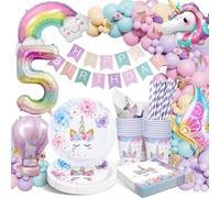 HLEIUKT Assiettes Anniversaire Licorne, 5 Ans Kit Deco Anniversaire Fille, Licorne Decoration Avec Ballon pour 5 Ans Fille Enfants 16 Invités