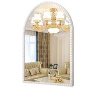 HLFMVWE Miroir de salle de bain en arche, miroir mural antique avec cadre perlé en métal, miroir de courtoisie décoratif pour commode, salon, chambre à coucher, entrée, couloirs, grand blanc, 65 x 45
