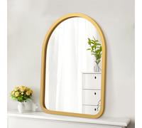 HLFMVWE Miroir mural doré en arc rustique en bois avec cadre décoratif à suspendre pour salle de bain, chambre à coucher, balcon, maison de campagne, salon, entrée, vestiaire, 35 x 25 cm